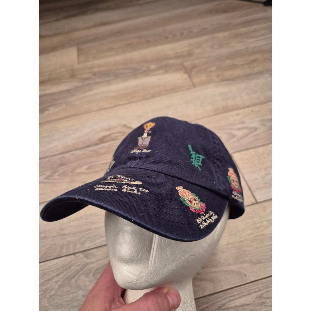 Polo Ralph Lauren College Bear Crest All Over Embroidery Navy Blue Hat Mens OS - Picture 3 of 14